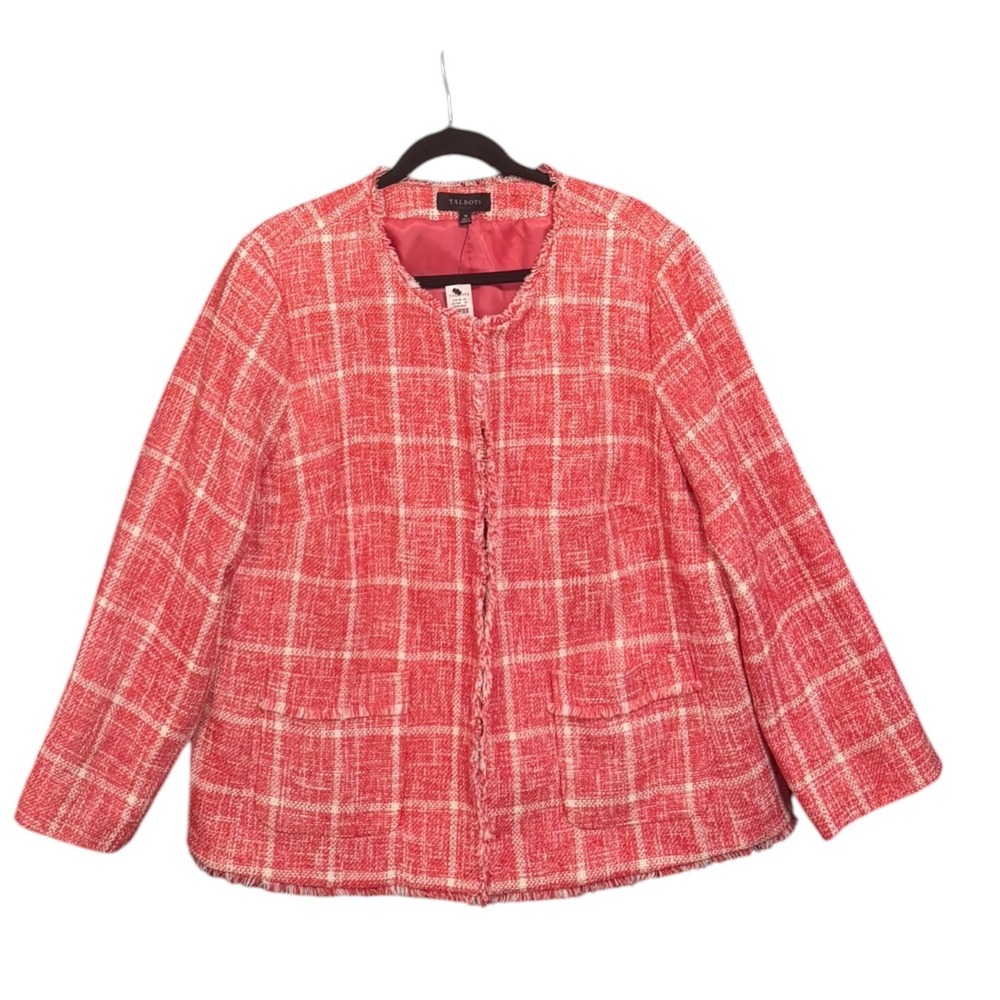NWT Talbots Womens 18 Tweed Jacket Pink White Plaid Fringe Trim Open Front